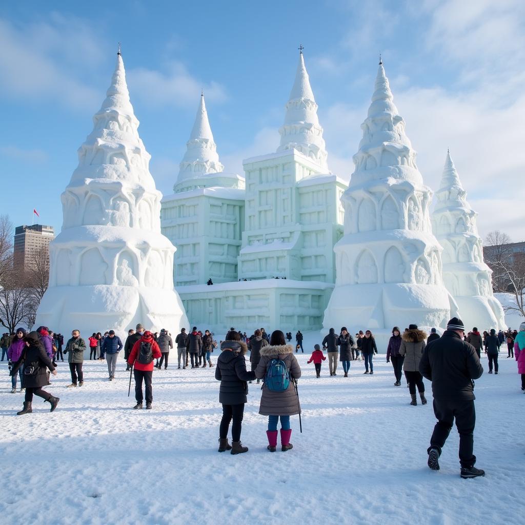 Du khách đang tham gia lễ hội tuyết Sapporo ở Nhật Bản tháng 1, chiêm ngưỡng các tác phẩm điêu khắc băng nghệ thuật và tận hưởng không khí vui tươi